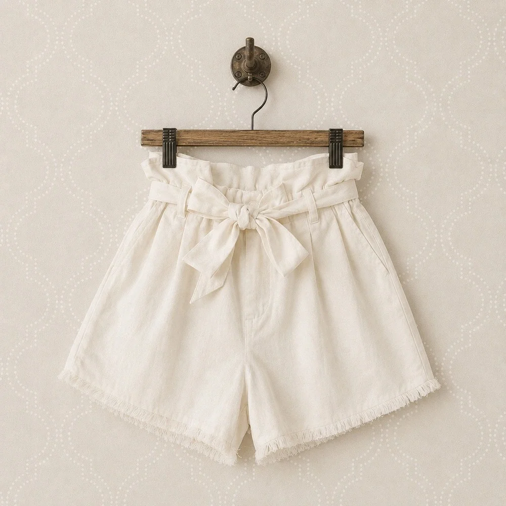 Kendall + Kyle Shorts Paperbag Waist Frayed Hem Cream White Size S